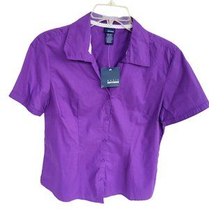 Basic Editions Women’s Purple Button Front Short Sleeve Shirt- Size M